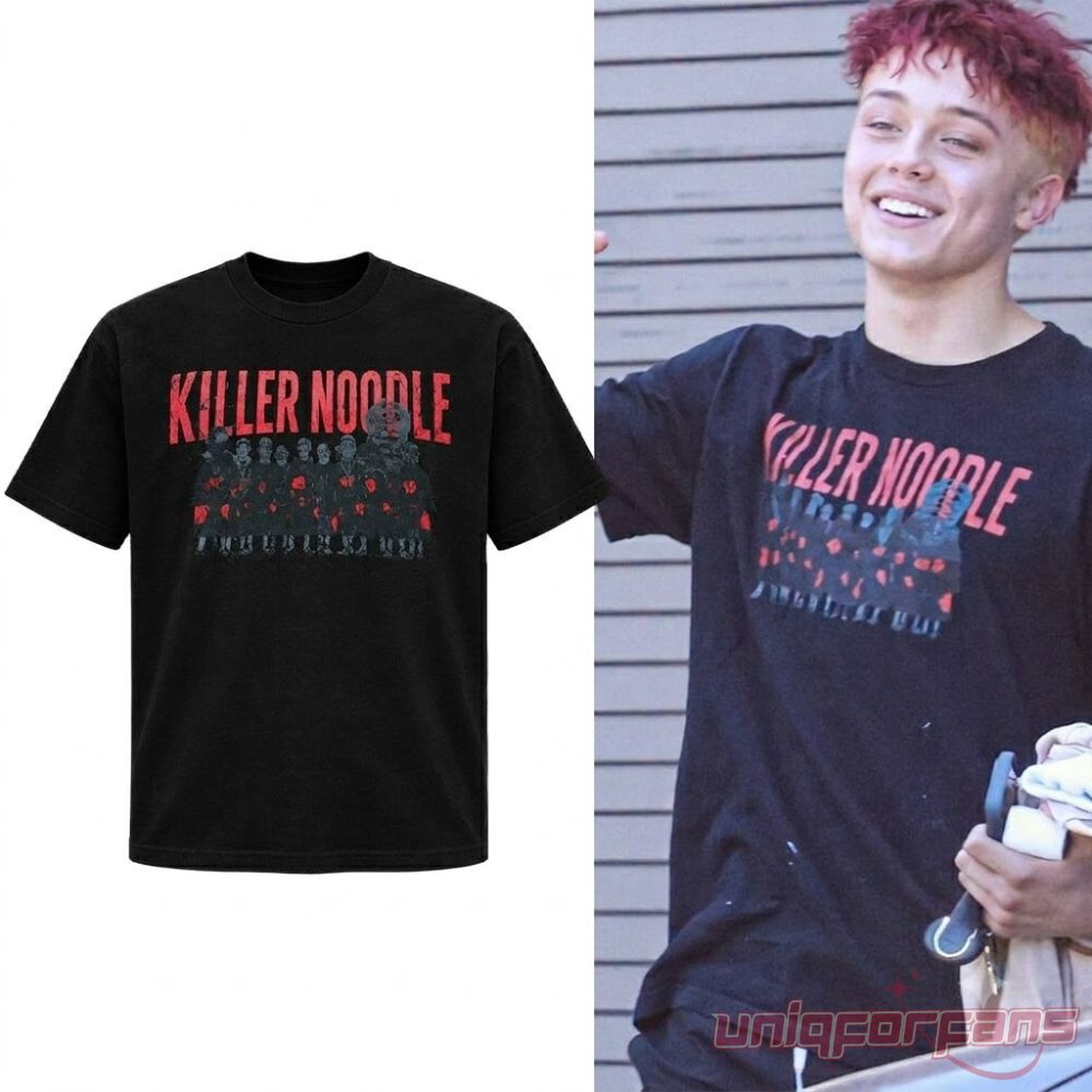 Knox Jolie-Pitt Killer Noodle Black Graphic T-Shirt featuring bold red "KILLER NOODLE" text and group photo front graphic