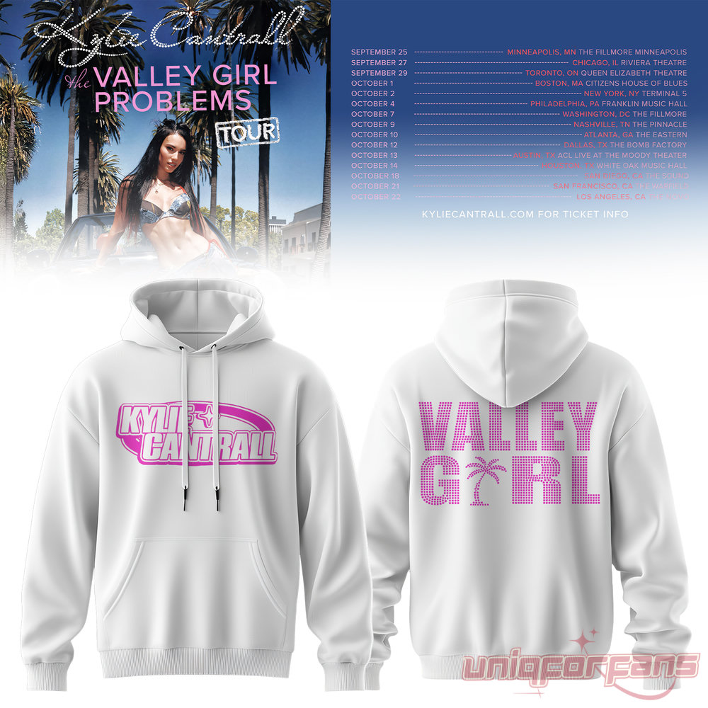 Kylie Cantrall Valley Girl Problems 2026 Tour Rhinestone Hoodie in white with pink "Kylie Cantrall" oval front logo and "Valley Girl" back text