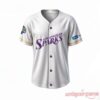 LA Sparks x Los Angeles Dodgers Night Cobranded Baseball Jersey featuring purple buttons, gold trim, and UCLA Health logo