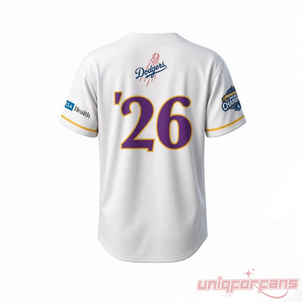 LA Sparks x Los Angeles Dodgers Night Cobranded Baseball Jersey white back featuring gold-outlined purple 26 print