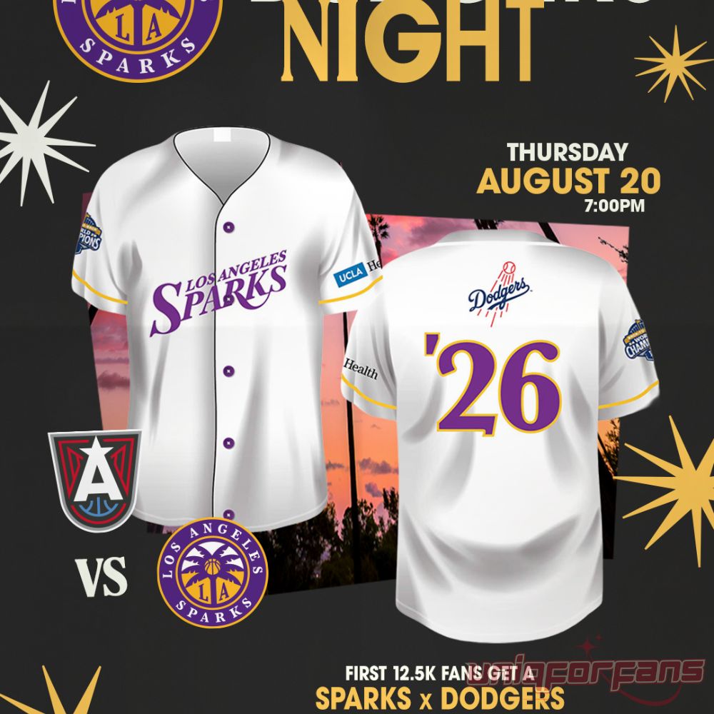 LA Sparks x Los Angeles Dodgers Night Cobranded Baseball Jersey featured on an August 20 promotional giveaway poster