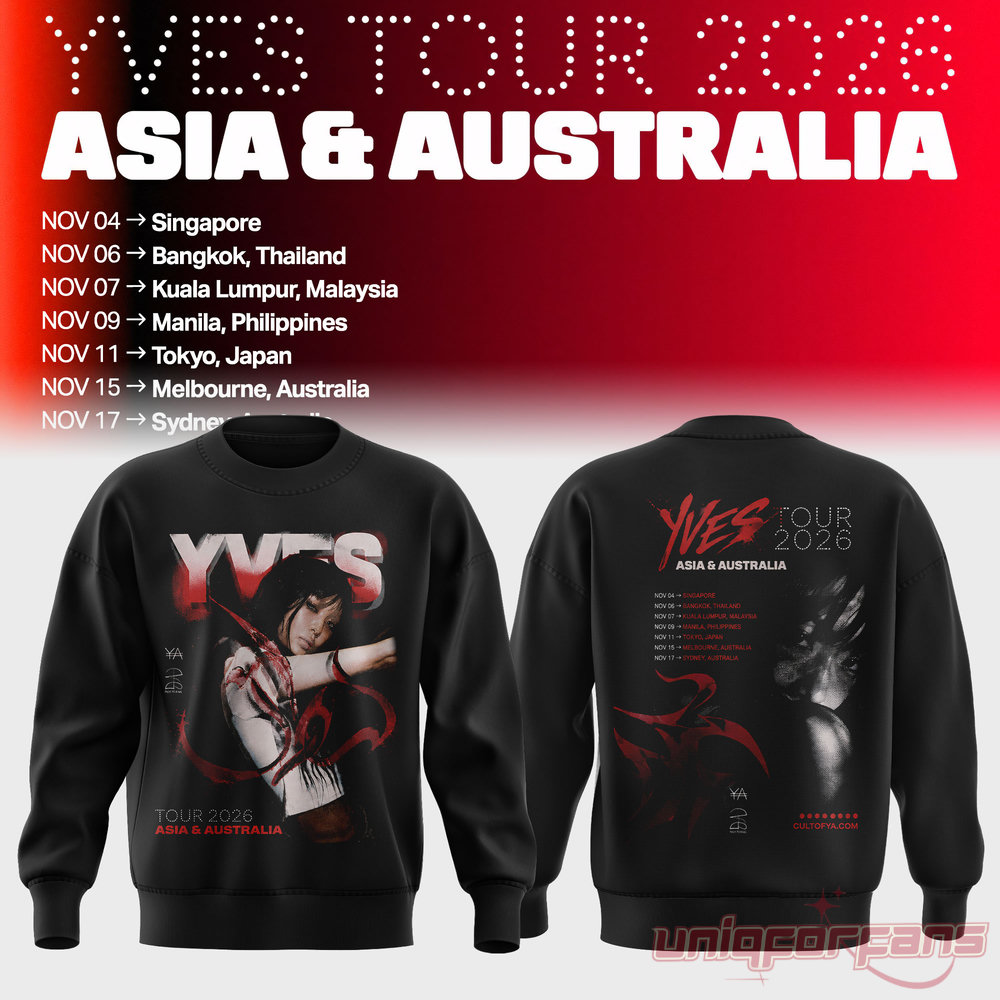 LOONA Yves 2026 Asia & Australia Tour Photo Print Crewneck Sweater in black with red "YVES" graphic and tour dates