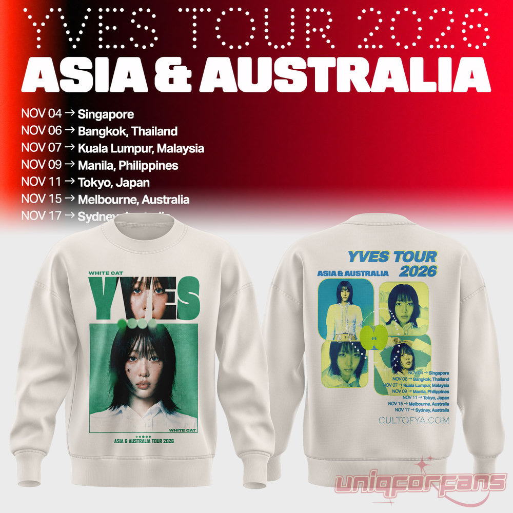 LOONA Yves 2026 Asia & Australia Tour Photo Print Crewneck Sweater in cream white with green "White Cat" portrait artwork