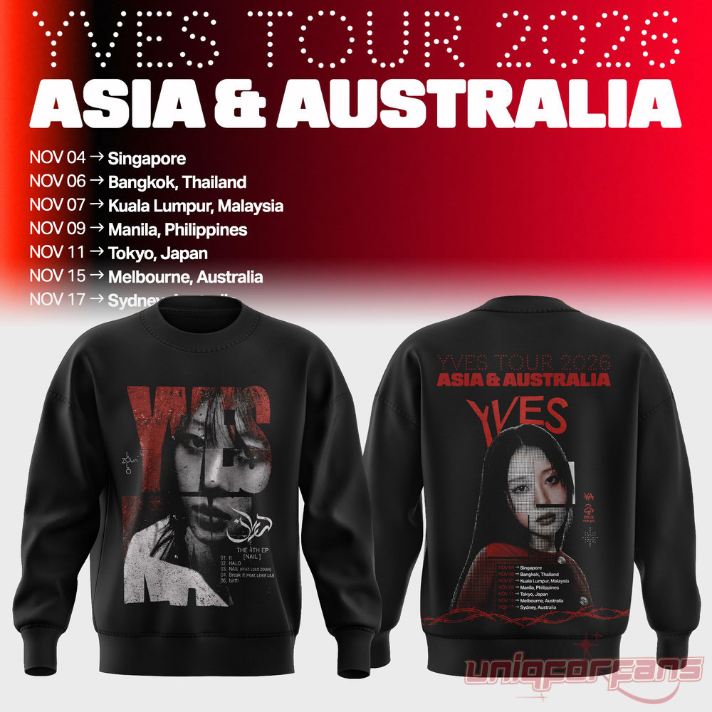 LOONA Yves 2026 Asia & Australia Tour Photo Print Crewneck Sweater in black with red "NAIL" tracklist print and portrait artwork