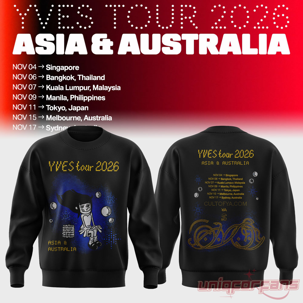 LOONA Yves 2026 Asia & Australia Tour Photo Print Crewneck Sweater in black with blue cosmic character artwork and gold tour text