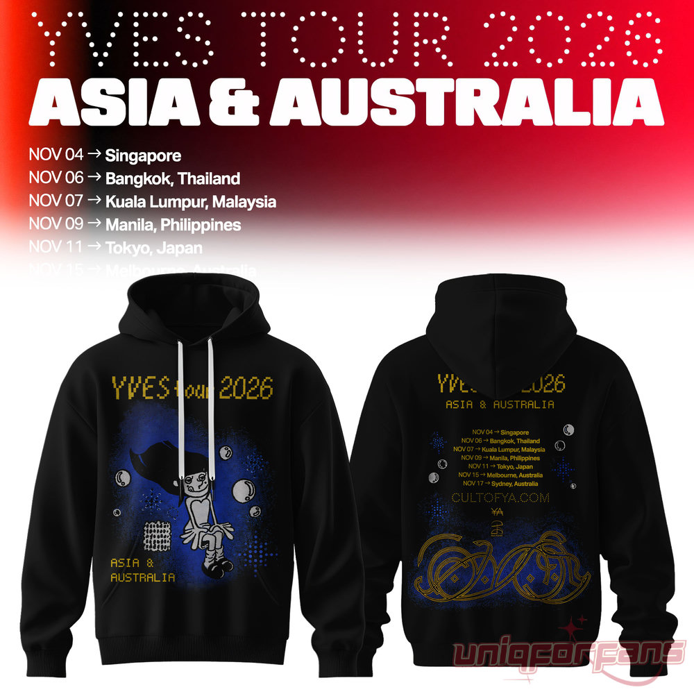 LOONA Yves 2026 Asia & Australia Tour Pixelated Character Hoodie in black featuring blue cosmic character front artwork and gold back accents