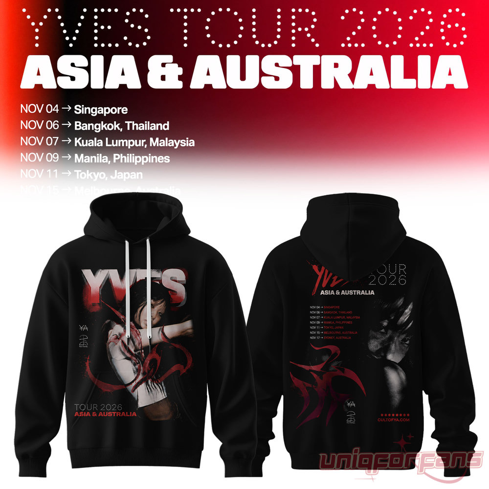 LOONA Yves 2026 Asia & Australia Tour Pixelated Character Hoodie in black with red "YVES" typography and portrait graphic