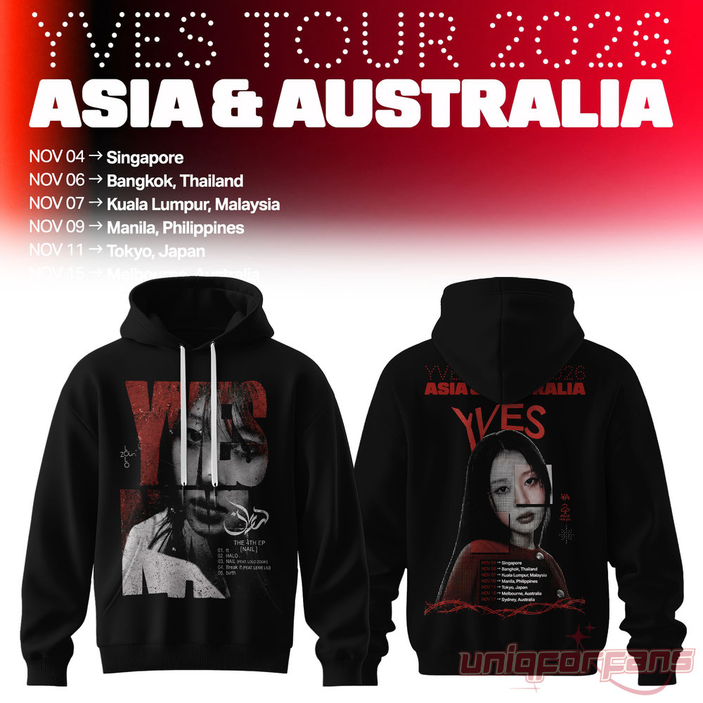 LOONA Yves 2026 Asia & Australia Tour Pixelated Character Hoodie in black with red "NAIL" EP tracklist and portrait graphic