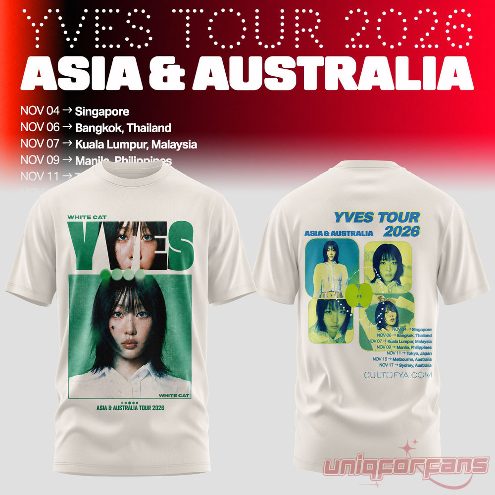 LOONA Yves 2026 Asia & Australia Tour White Cat T-Shirt in cream white with green "WHITE CAT" text and portrait artwork