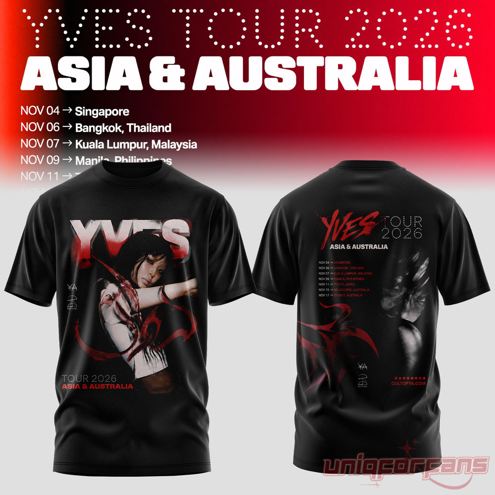 LOONA Yves 2026 Asia & Australia Tour White Cat T-Shirt in black featuring red "YVES" header and portrait photo print