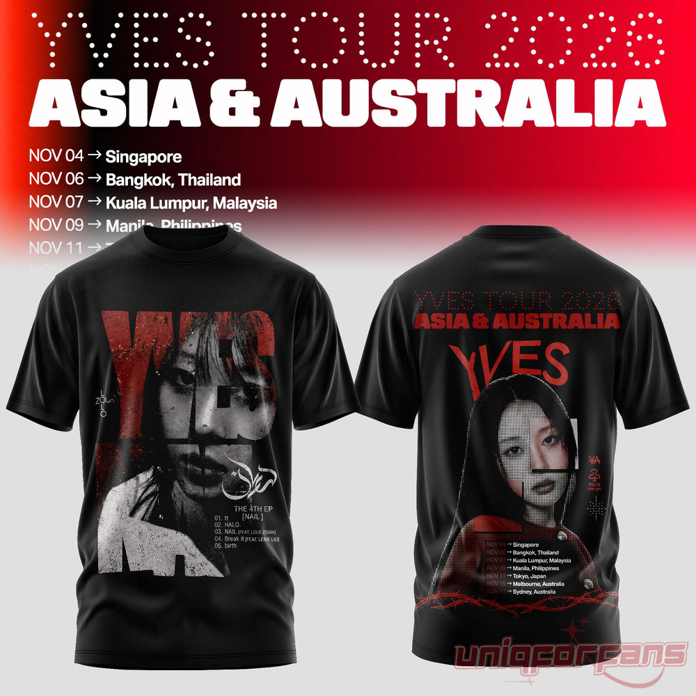 LOONA Yves 2026 Asia & Australia Tour White Cat T-Shirt in black with red "NAIL" EP track listing and graphic photo artwork