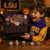LSU Tigers Football Halloween 2026 Advent Calendar held by an excited young fan wearing a purple team hoodie