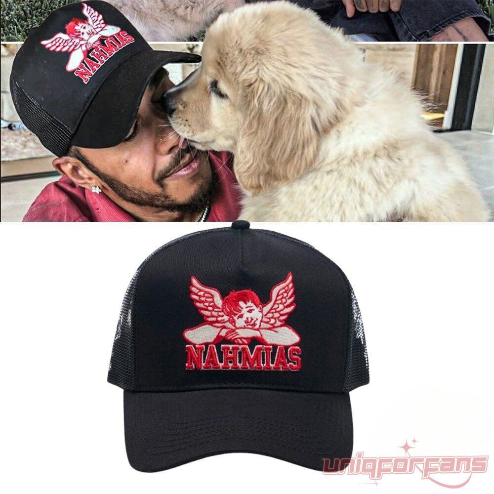 Lewis Hamilton Nahmias Angel Graphic Hat in black with red cherub embroidery next to photo of Lewis Hamilton wearing it