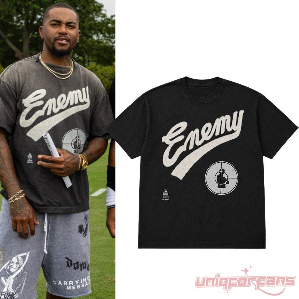 Lil Scrappy "Enemy" Script Logo Crosshairs Graphic T-Shirt in washed black with white cursive text and crosshairs graphic