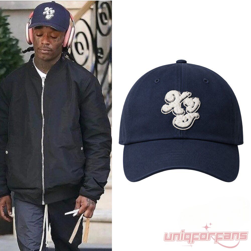 Lil Uzi Vert Navy Blue Puff Embroidered Baseball Cap featuring white raised 3D logo embroidery on front