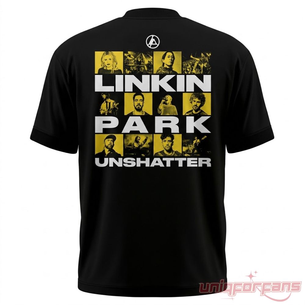 Linkin Park UNSHATTER Special Graphic Black Shirt back featuring yellow band photo collage grid