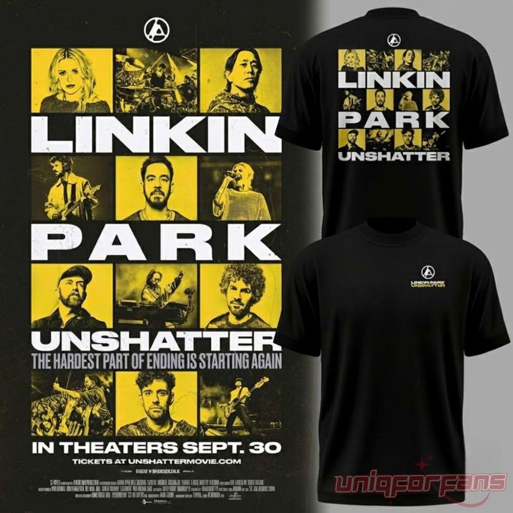 Linkin Park UNSHATTER Special Graphic Black Shirt front and back views next to promo poster