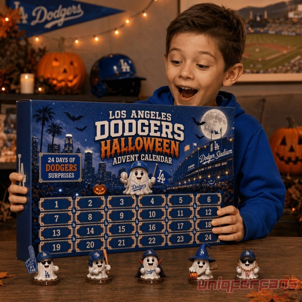 Los Angeles Dodgers Baseball Halloween 2026 Advent Calendar held by an excited young fan in a blue Dodgers hoodie