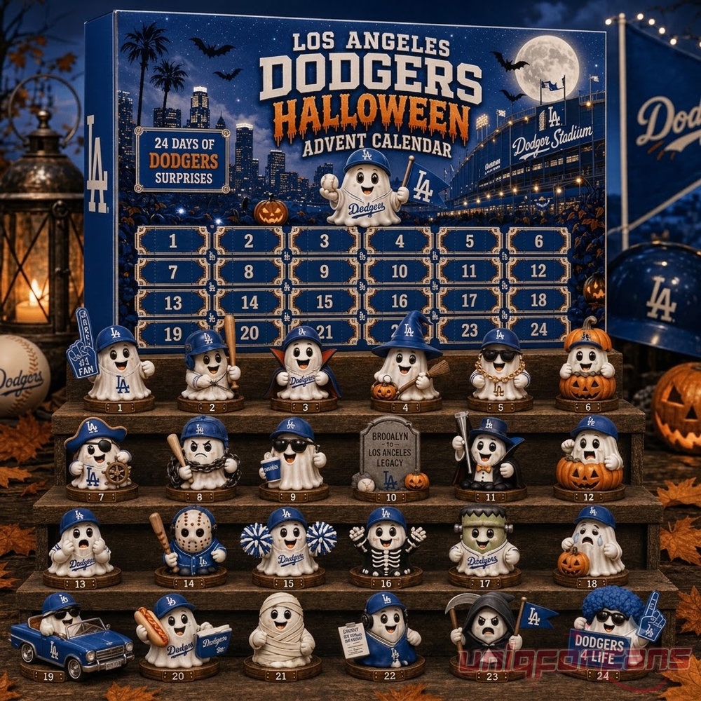 Alt Text: Los Angeles Dodgers Baseball Halloween 2026 Advent Calendar displaying 24 doors and ghost figurine collectibles