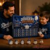 Alt Text: Los Angeles Dodgers Baseball Halloween 2026 Advent Calendar held by a father and son wearing blue team hoodies
