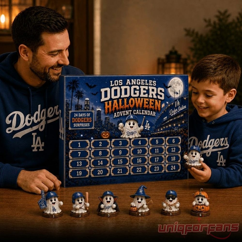Alt Text: Los Angeles Dodgers Baseball Halloween 2026 Advent Calendar held by a father and son wearing blue team hoodies
