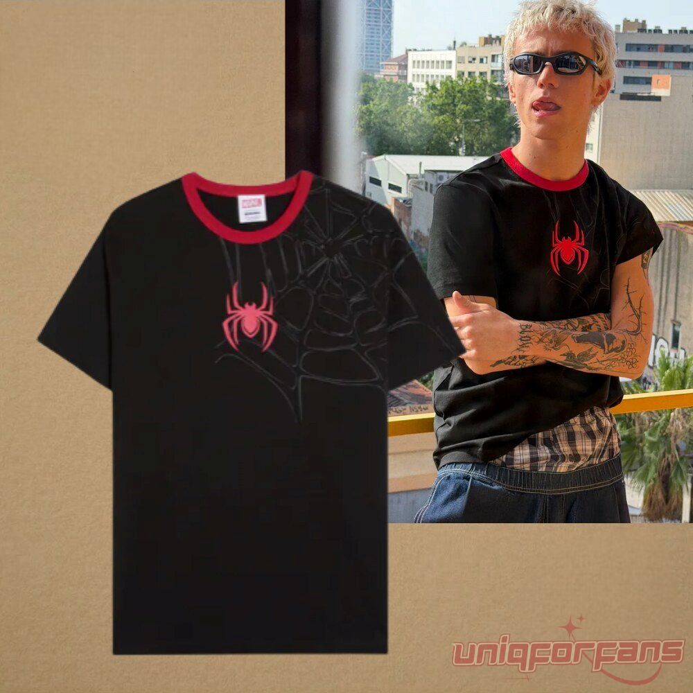 Spider-Man Web Print Ringer T-Shirt in black with red collar trim, featuring a red spider chest logo and web detail