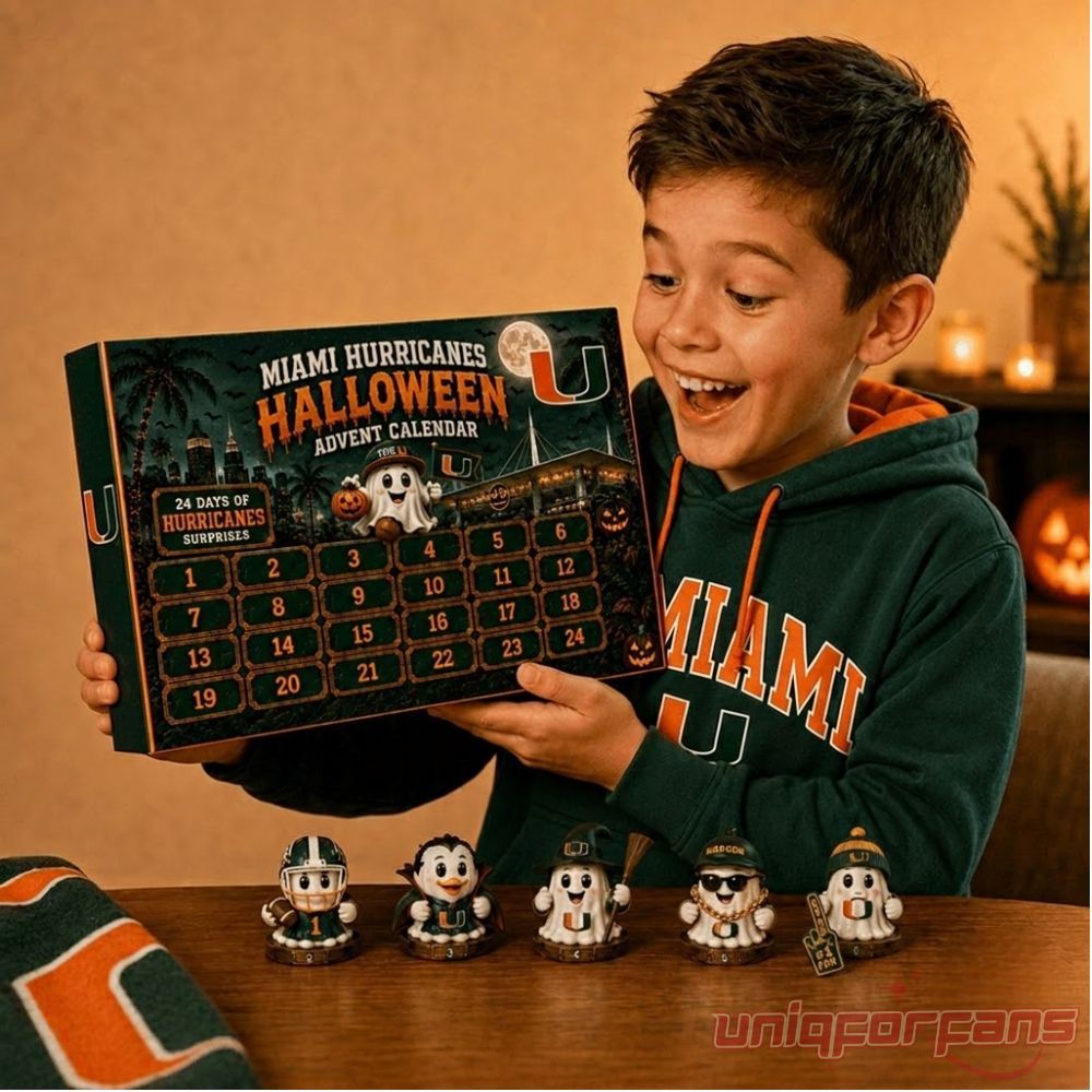 Miami Hurricanes Football Halloween 2026 Advent Calendar held by an excited young fan wearing a green Hurricanes hoodie