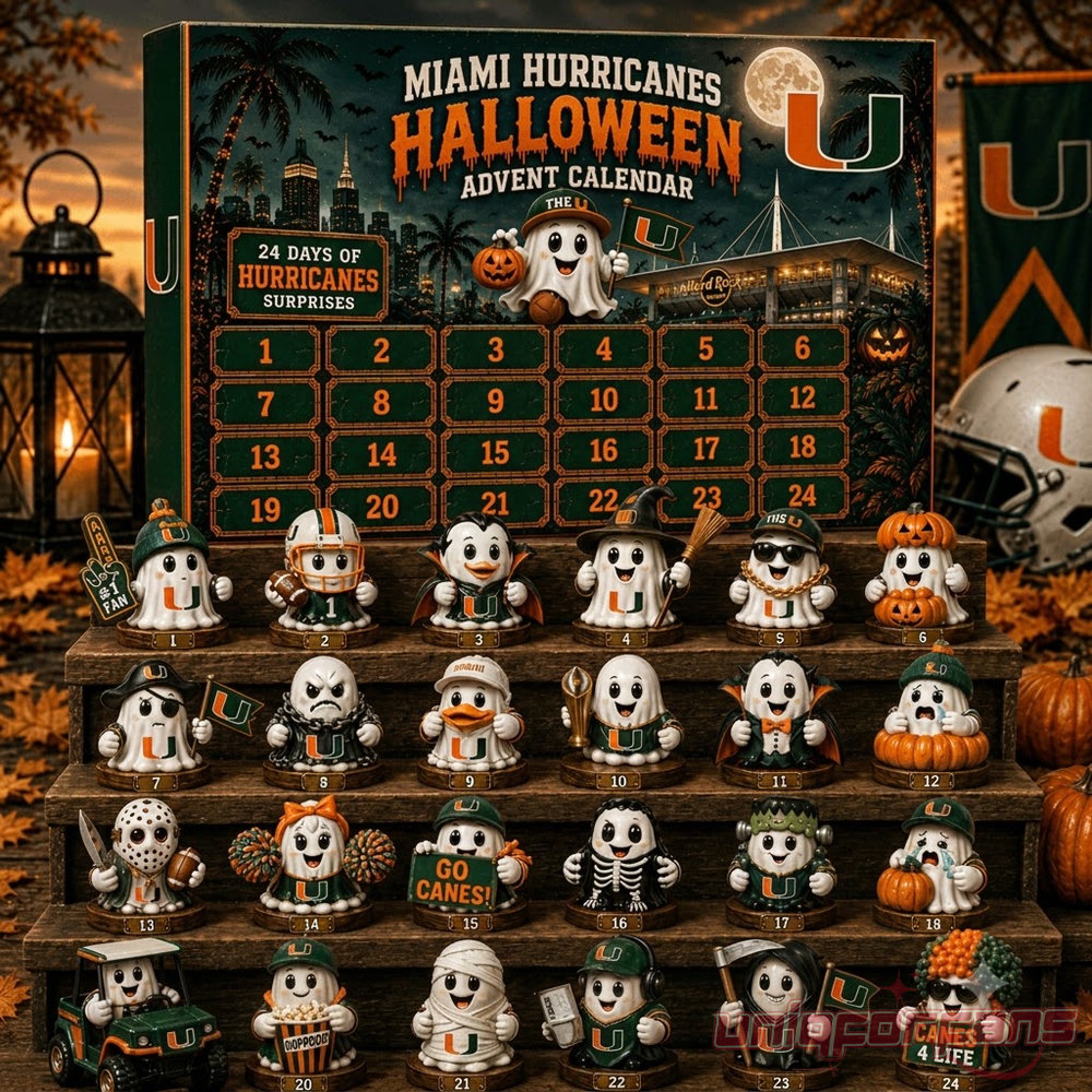 Miami Hurricanes Football Halloween 2026 Advent Calendar displaying 24 doors and ghost figurine collectibles