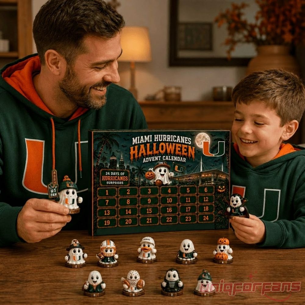 Miami Hurricanes Football Halloween 2026 Advent Calendar unboxed by a father and son wearing green team hoodies