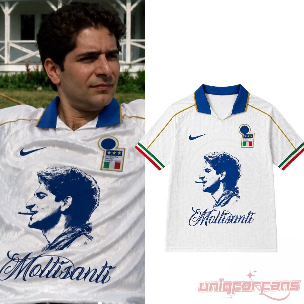 Michael Imperioli Christopher Moltisanti Italy Soccer Jersey featuring a blue Moltisanti portrait and Italian crest