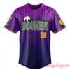 Michigan Dogmen Custom Purple Pinstripe Jersey modeled with baseball bat alongside front and back product mockups