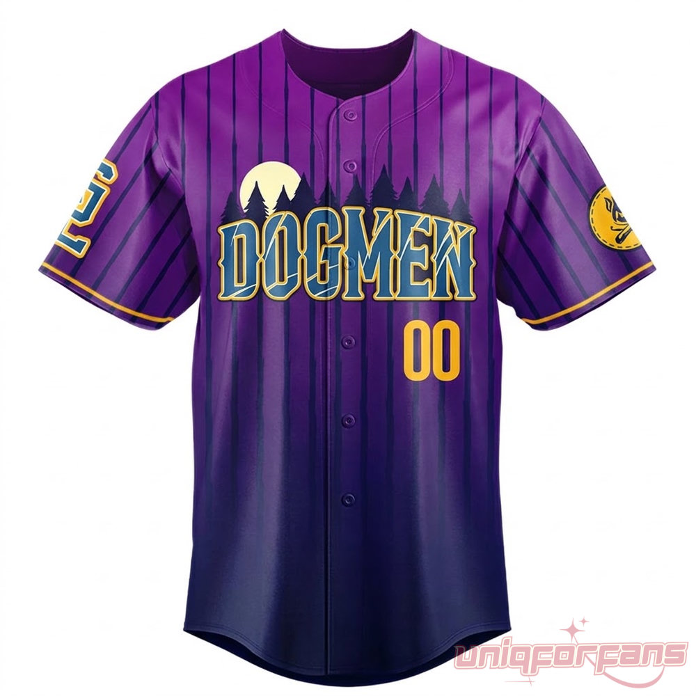 Michigan Dogmen Custom Purple Pinstripe Jersey modeled with baseball bat alongside front and back product mockups