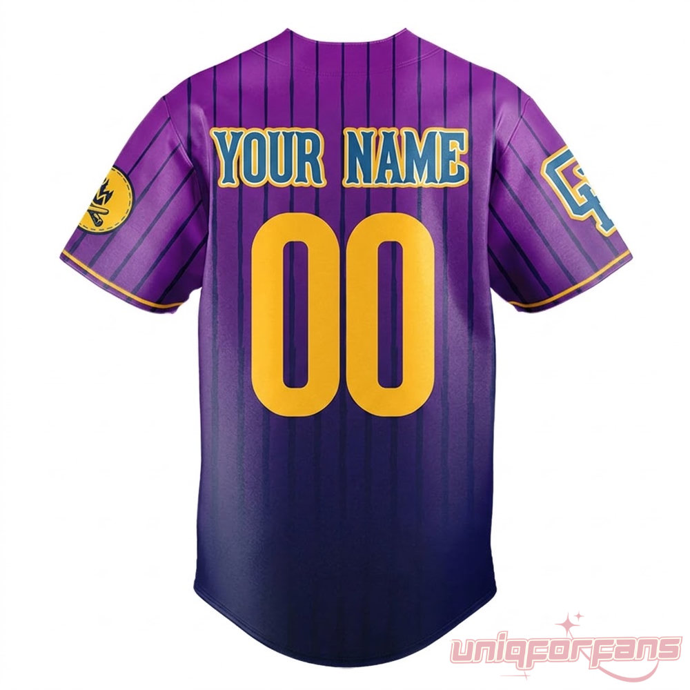 Michigan Dogmen Custom Purple Pinstripe Jersey back view with customizable YOUR NAME text and yellow number 00