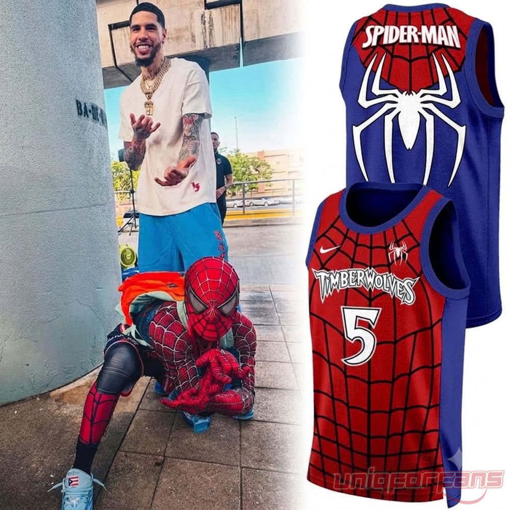 Minnesota Timberwolves x Spider-Man 2026 Basketball Jersey Special Edition, red web front with Anthony Edwards #5 print