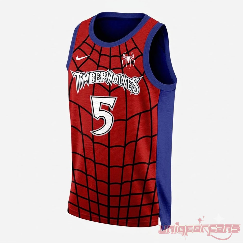 Minnesota Timberwolves x Spider-Man 2026 Basketball Jersey Special Edition, blue sleeveless jersey with white spider back