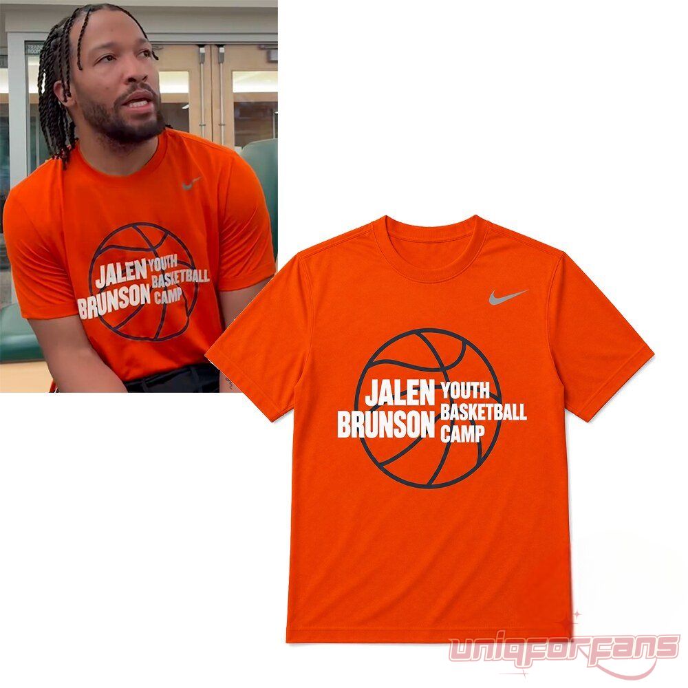 NY Knicks Jalen Brunson Youth Basketball Camp Orange Shirt featuring a basketball graphic next to Jalen Brunson wearing it