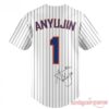 NY Mets IVE An Yujin #1 Pinstripe Baseball Jersey front view on white button-up jersey showing Mets logo and number 1