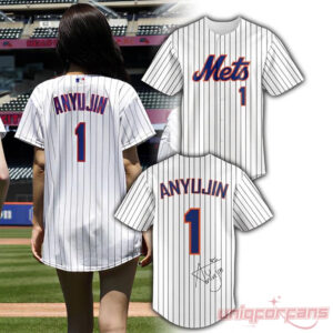 NY Mets IVE An Yujin #1 Pinstripe Baseball Jersey front view on white button-up jersey showing Mets logo and number 1.