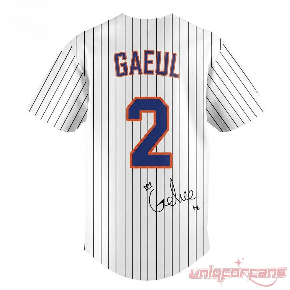 NY Mets IVE Gaeul #2 Pinstripe Baseball Jersey back view with Gaeul lettering, number 2, and signature graphics