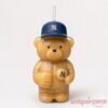 New York Yankees Glass Bear Logo Cap Tumbler With Straw front view filled with yellow beverage on plain white background
