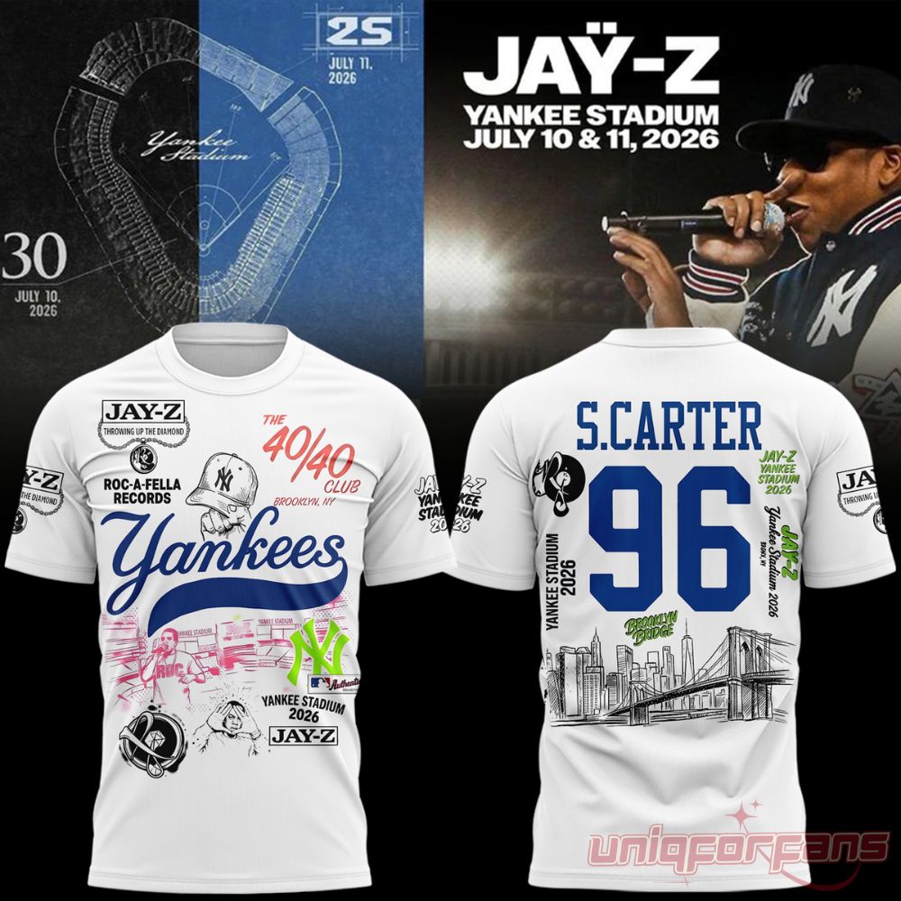 New York Yankees x Jay-Z At Yankee Stadium 2026 Edition T-Shirt featuring Roc-A-Fella logos and S. CARTER 96 back graphic