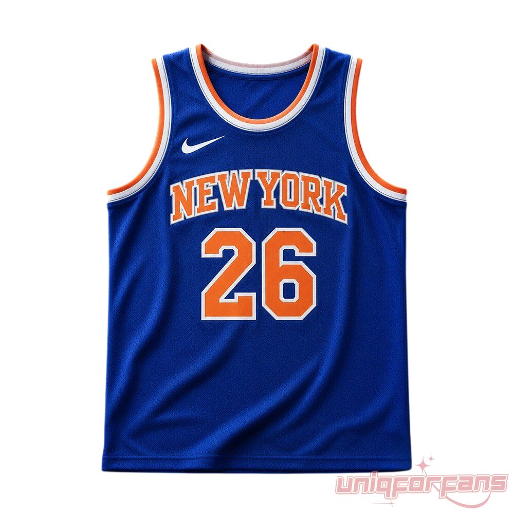 Nick Jonas New York Knicks 26 Basketball Jersey front view in royal blue with orange New York 26 lettering