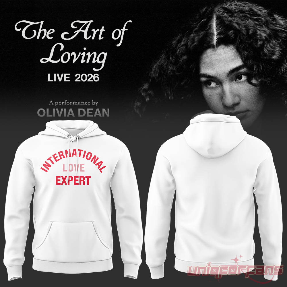 Olivia Dean The Art of Loving Concert Hoodie White featuring red International Love Expert front typography