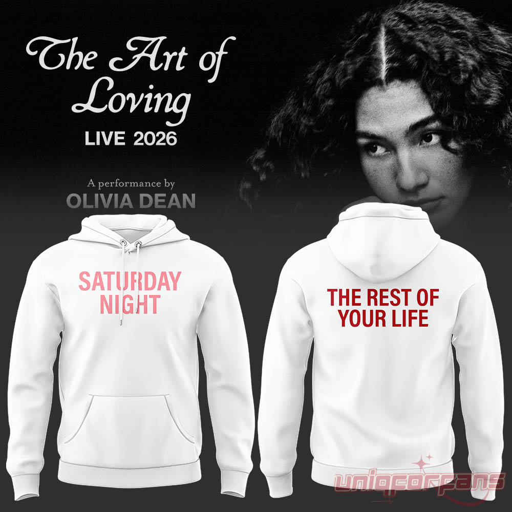 Olivia Dean The Art of Loving Concert Hoodie White showing pink Saturday Night front and red back lettering
