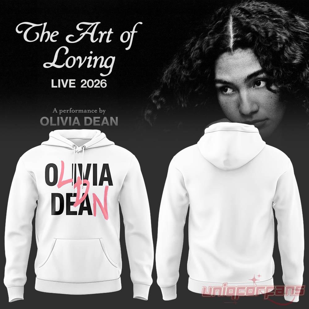 Olivia Dean The Art of Loving Concert Hoodie White with black artist name typography and pink monogram overlay