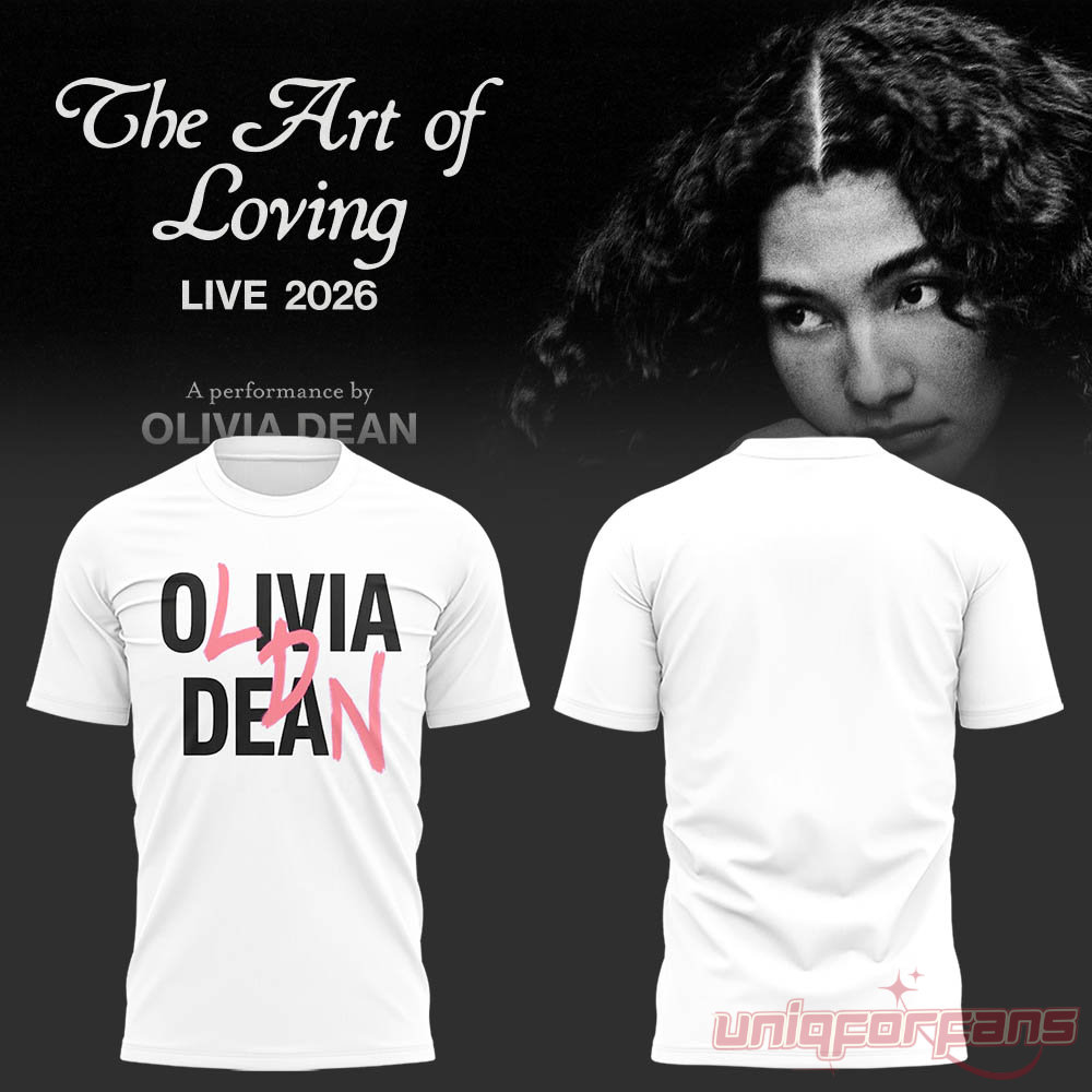Olivia Dean The Art of Loving Live 2026 White Shirt featuring black artist name with pink overlay initials
