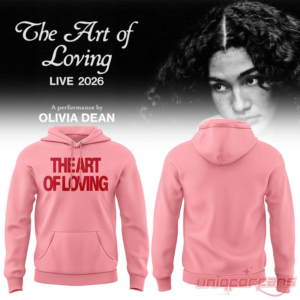 Olivia Dean Tour 2026 The Art of Loving Pink Hoodie front and back display with red bold typography
