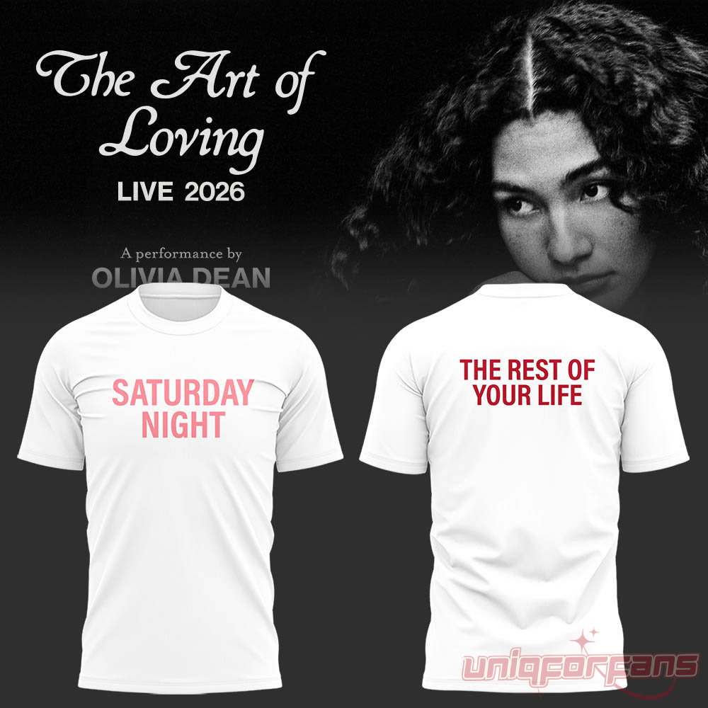 Olivia Dean Tour 2026 Saturday Night The Rest of Your Life White Shirt showing front pink and back red text graphic