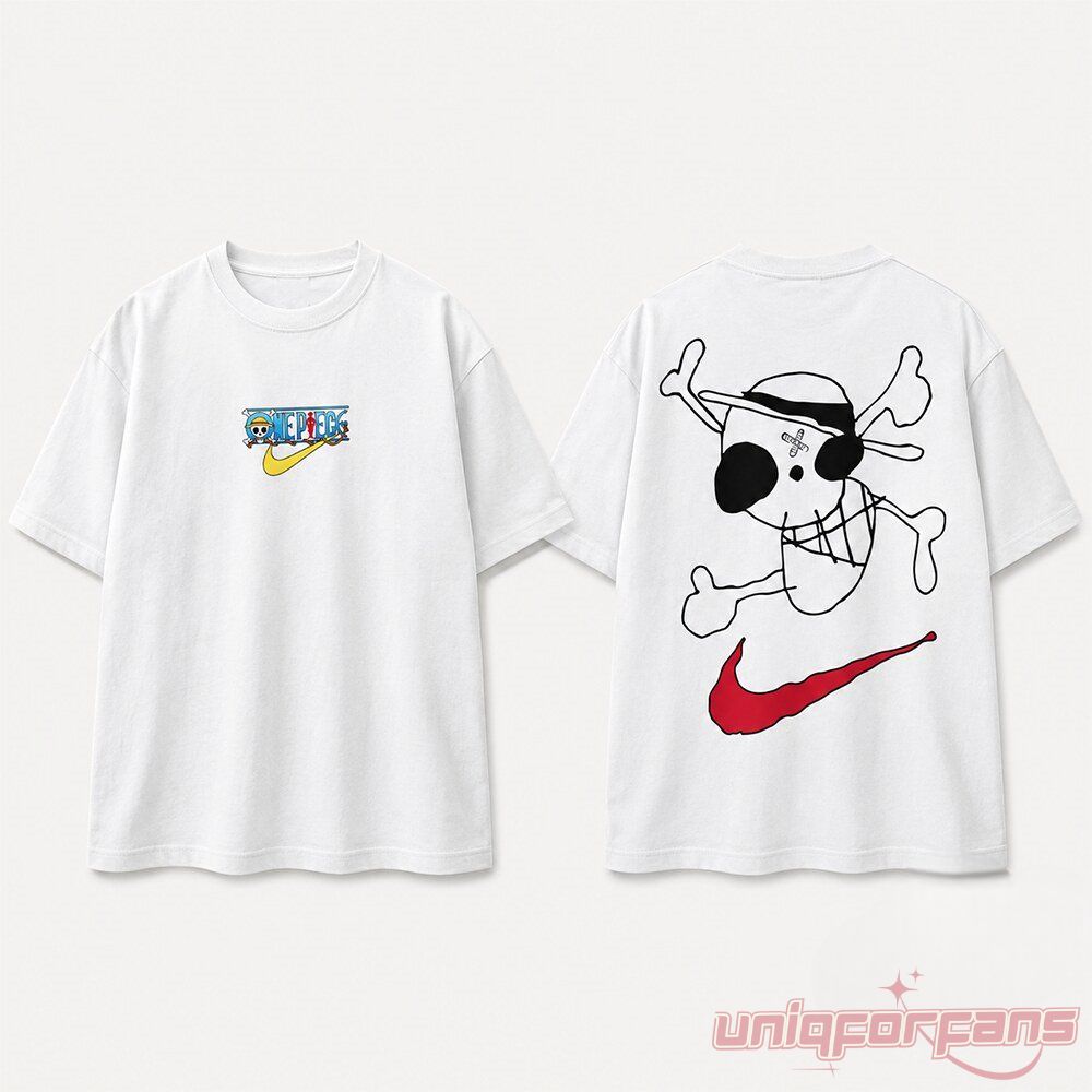 One Piece Luffy Drawn Jolly Roger Swoosh T-Shirt white graphic tee showing front chest logo and back print