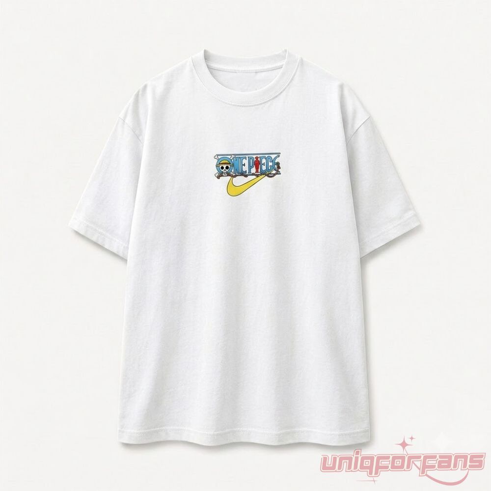 One Piece Luffy Drawn Jolly Roger Swoosh T-Shirt white tee with small One Piece logo and yellow swoosh on chest